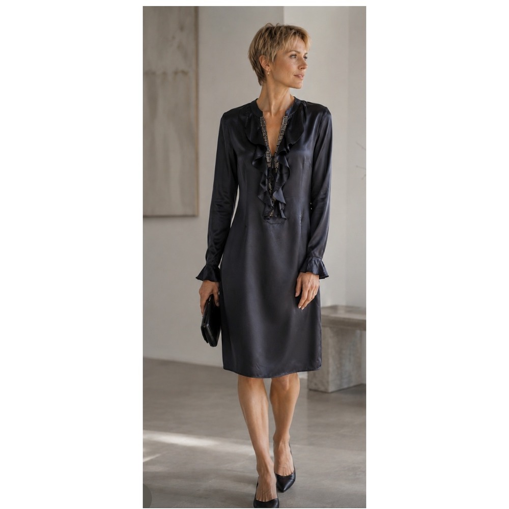 Dea Kudibal Copenhagen‎ Black Silk Beaded Ruffle V-Neck Shift Dress  XS